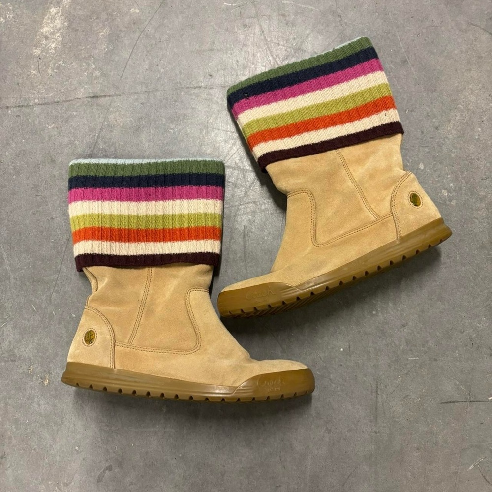 Y2K Coach Tatum Boots Striped Knit Top Suede Round Toe